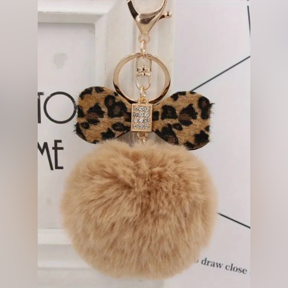 Bag Charm Boho Style Faux Fur Leopard Print Bow Keychain with Charm